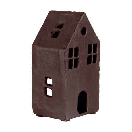 Belderrig House Ornament in brown aluminium, a tall narrow townhouse shape with gabled roof, cut-out windows, round gable window and arched doorway, shown on a plain white background.
