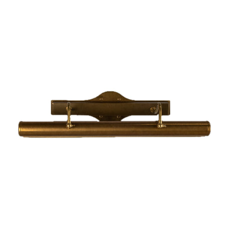 Belfast Brass Picture Light - 60cm, a cylindrical wall light on two swan-neck arms with a shaped backplate, in an antique brass finish against a plain white background.