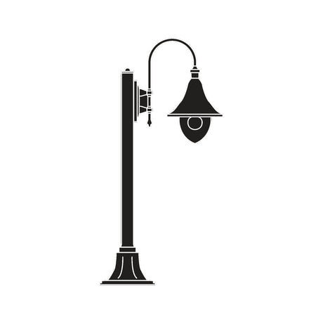 Bellcote Cast Aluminium Outdoor Bollard Light in black, a single bell-shaped lantern head on a tall pedestal post with a curved arm and decorative base, shown on a plain white background.