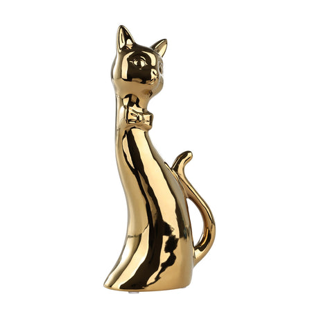 Benangin ceramic cat ornament in a glossy gold finish, a tall slender elongated cat sitting upright with curled tail and bow tie, shown on a plain white background.