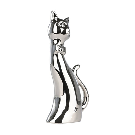 Benangin ceramic cat ornament in mirror-like silver finish, sitting upright with curled tail, pointed ears and a bow tie at the throat, shown on a plain white background.
