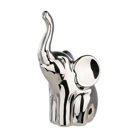 Benangin ceramic elephant ornament in mirror-like silver finish, seated with trunk raised, rounded form and fanned ears, shown on a plain white background.