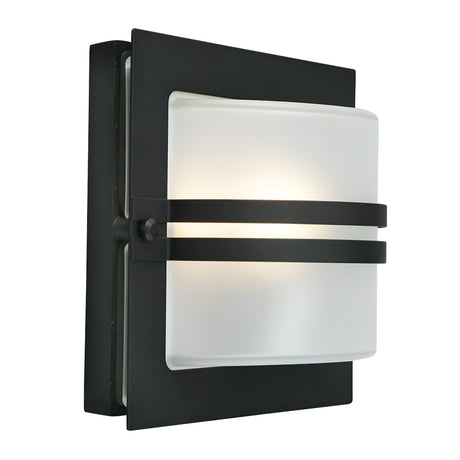 The Bern Outdoor 1 Light Wall Lantern features a rectangular black frame with a frosted glass diffuser, evoking an Art Deco lighting style while evenly spreading soft light. Its sleek, minimalist design makes it ideal for contemporary interiors.