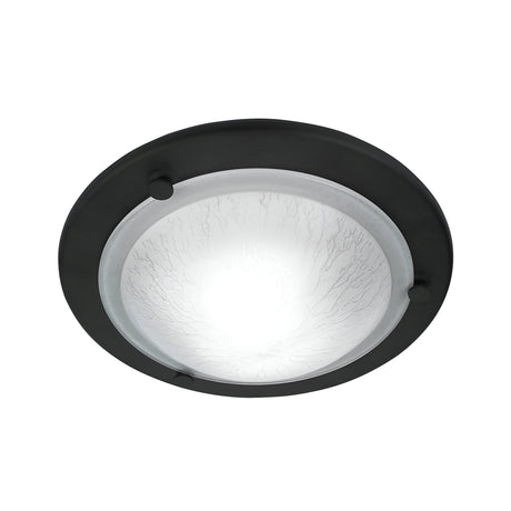 The Berwick Flush Light - Black is a round ceiling fixture featuring a frosted glass cover and a dark metal rim. Its subtle crackled texture enhances modern interiors with its minimalist design, and it offers a customizable finish for tailored elegance.