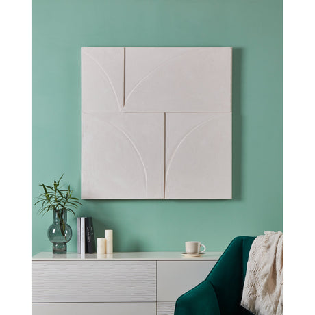 Beserah Wall Art in Cream, a square textured relief panel with curved grooves across four sections, shown mounted on a green wall above a white sideboard.