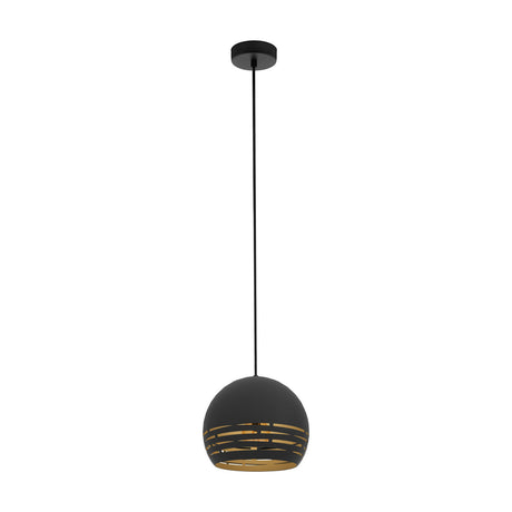 Besmena Pendant Light in black steel with a gold-lined dome shade, horizontal slot cutouts, and a slim black cord from a round ceiling rose, shown on a white background.