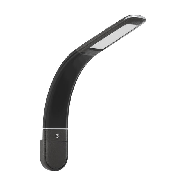 Bevadoro Clamp Lamp in black plastic with a slim curved arm, flat LED head, and touch power button on the base, shown on a plain white background.