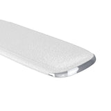 Close-up of the Bevadoro LED clamp lamp's curved white plastic arm with a textured finish, ending in a chrome-capped flat head, shown on a plain white background.