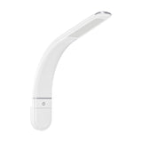 Bevadoro LED clamp lamp in white plastic with a curved arm, flat head with chrome tip, and chrome-banded base featuring a power button, shown on a plain white background.