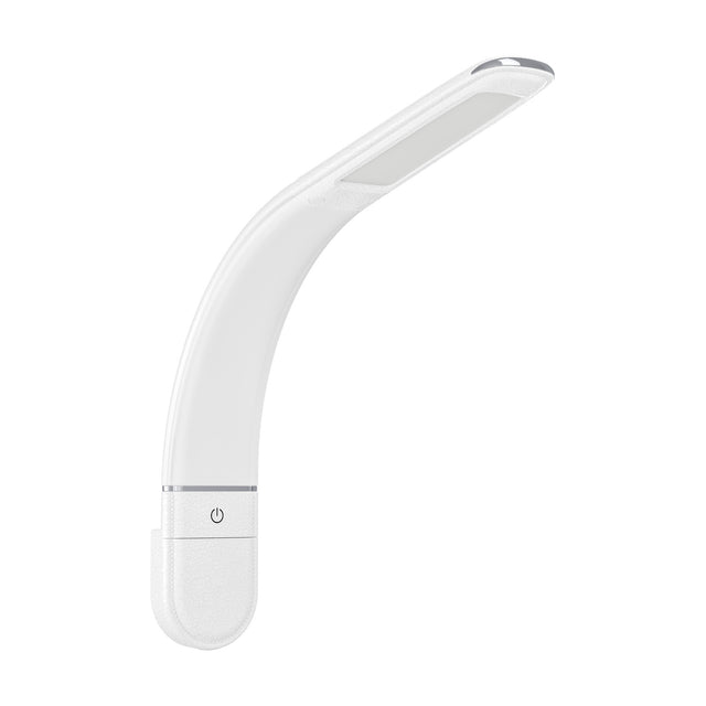 Bevadoro LED clamp lamp in white plastic with a curved arm, flat head with chrome tip, and chrome-banded base featuring a power button, shown on a plain white background.