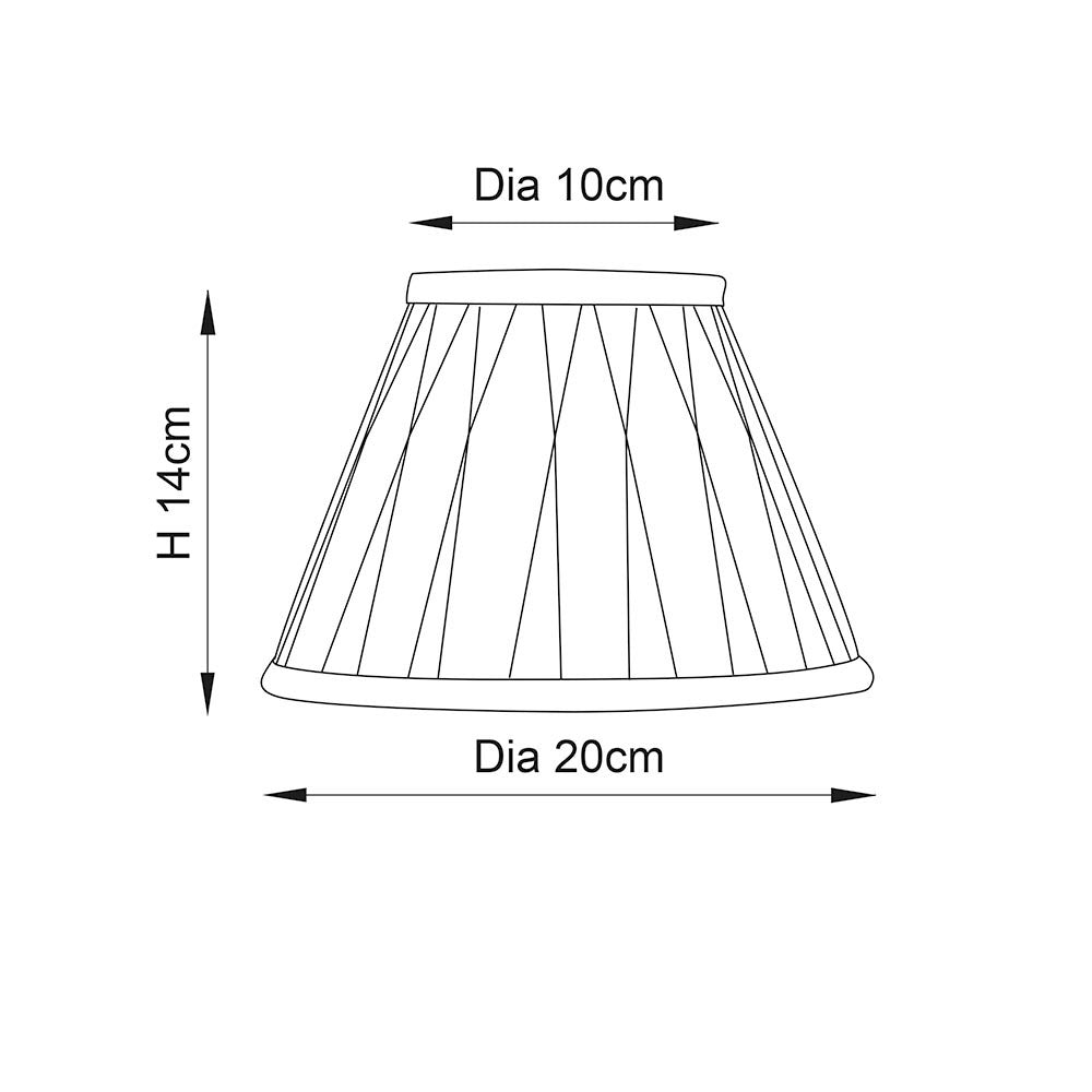 Line drawing of the Bevdon tapered lamp shade in ivory, showing box pleat design with dimensions: 10cm top dia, 20cm bottom dia, 14cm height.
