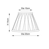 Line drawing of the Bevdon tapered lamp shade in ivory, showing box pleat design with dimensions: 10cm top dia, 20cm bottom dia, 14cm height.
