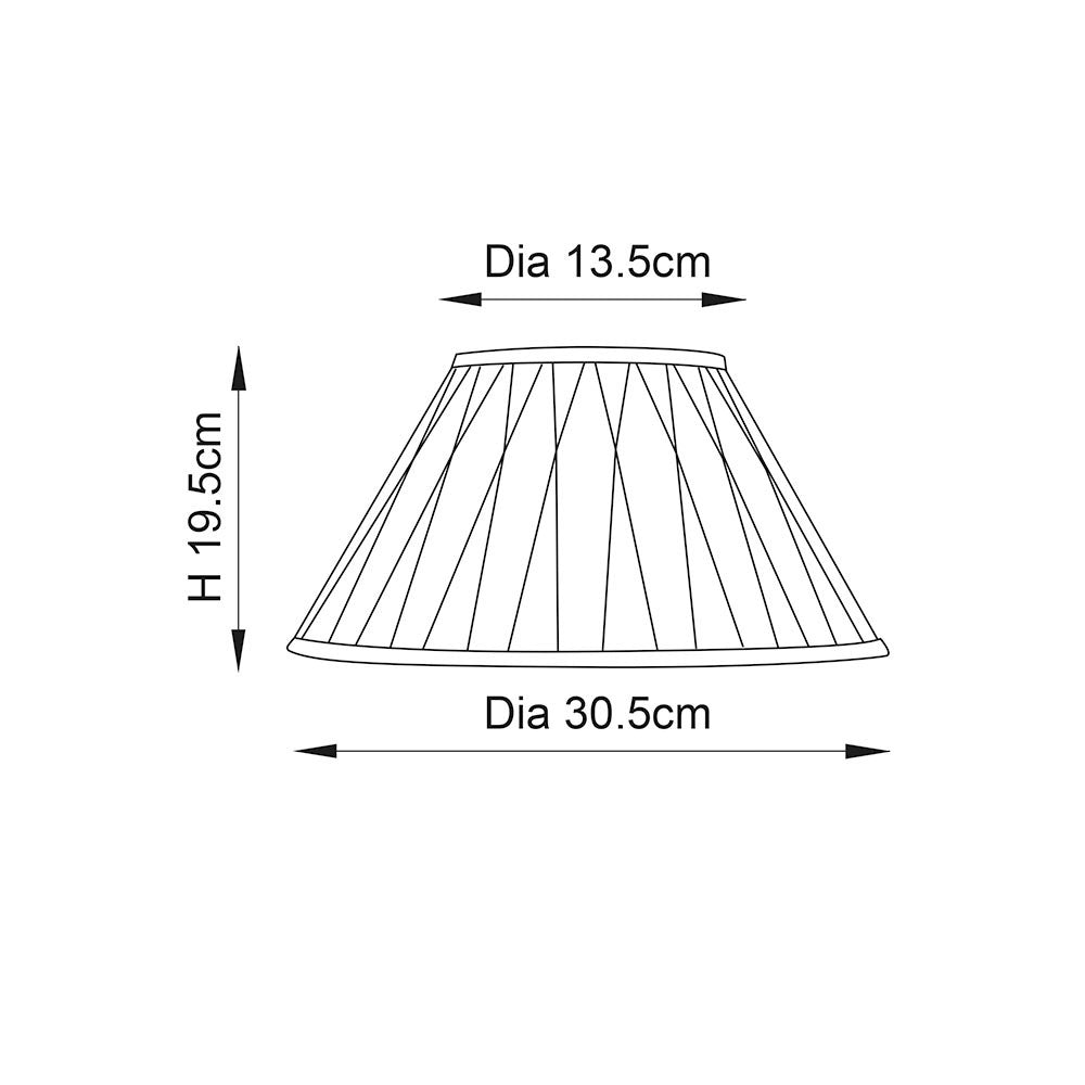 Endon Bevdon tapered lamp shade dimension diagram showing 13.5cm top diameter, 30.5cm bottom diameter, and 19.5cm height on a white background.