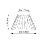 Bevdon 35cm tapered lamp shade in ivory silk with box pleat design, line drawing showing 17.5cm top, 35.5cm base, and 21.3cm height dimensions.