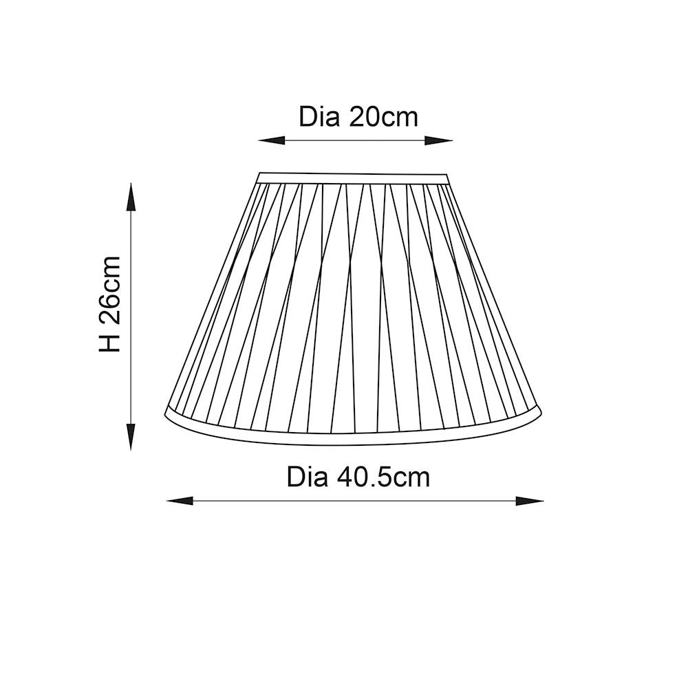 Endon Bevdon 40cm tapered lamp shade dimension diagram showing 20cm top diameter, 40.5cm bottom diameter and 26cm height on a white background.