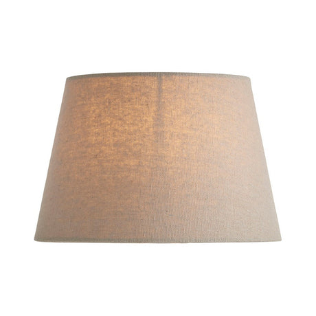 Endon Bevhurst 20cm tapered lamp shade in grey linen-effect fabric with a rolled edge and E14 fixed gimbal fitting, shown on a plain white background.
