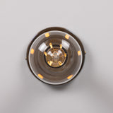 Bexter Vintage Brass Flush Ceiling Light shown close-up with round smoked glass diffuser and exposed E27 bulb, brass fitting against a plain light grey background.