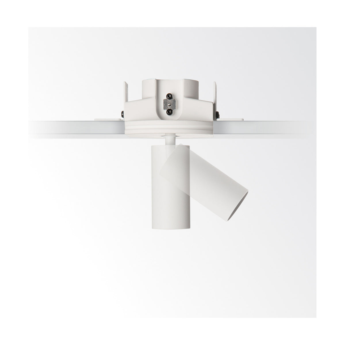 Beyond 7W plaster-in downlight frame in white, shown mounted on a track adaptor with an adjustable cylindrical spotlight head angled downward, set against a plain white background.