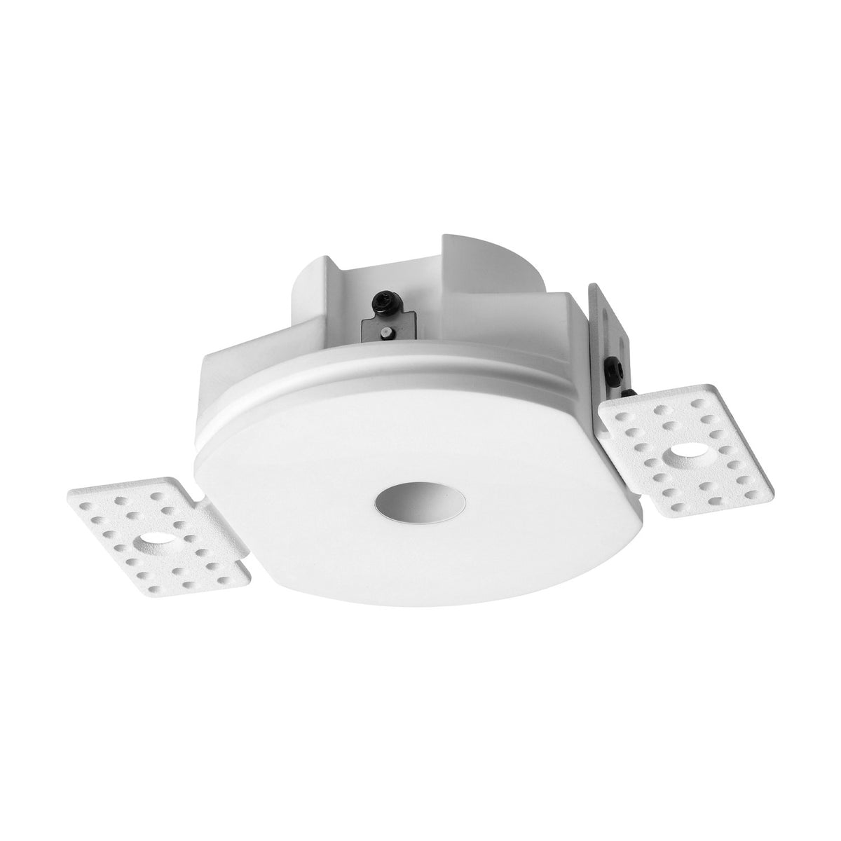 Beyond 7W plaster-in downlight frame in white gypsum, round recessed housing with central aperture and two adjustable mounting brackets, shown on a plain white background.