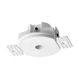Beyond 7W plaster-in downlight frame in white gypsum, round recessed housing with central aperture and two adjustable mounting brackets, shown on a plain white background.