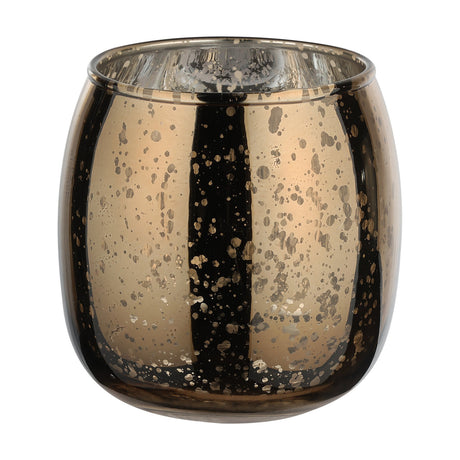 Bezamby glass tealight holder with a rounded barrel shape, mottled brown and silver mercury glass finish, mirrored interior, on a plain white background.