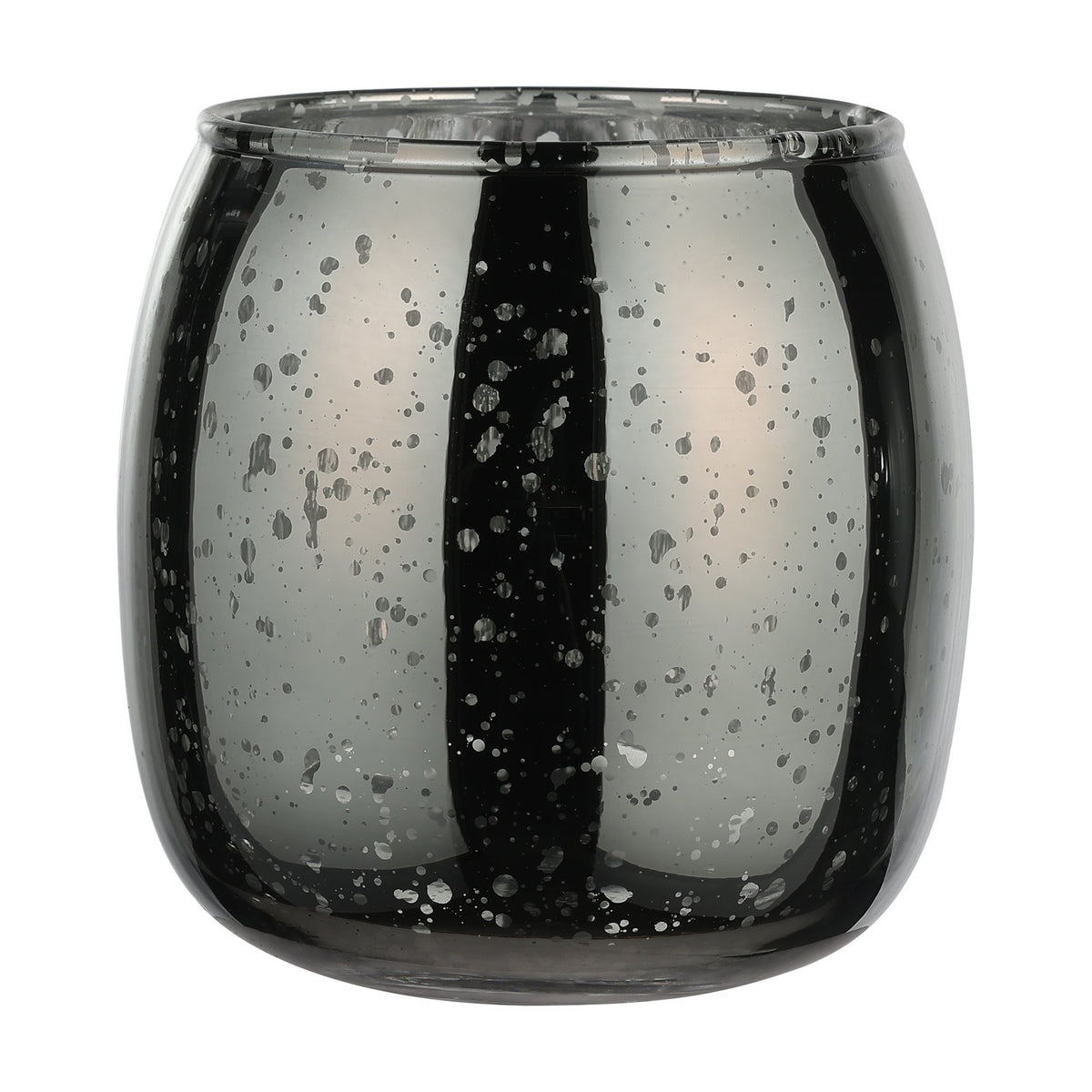 Bezamby glass tealight holder in grey, barrel-shaped with a mirrored mercury-glass finish and fine silver speckles, shown on a plain white background.