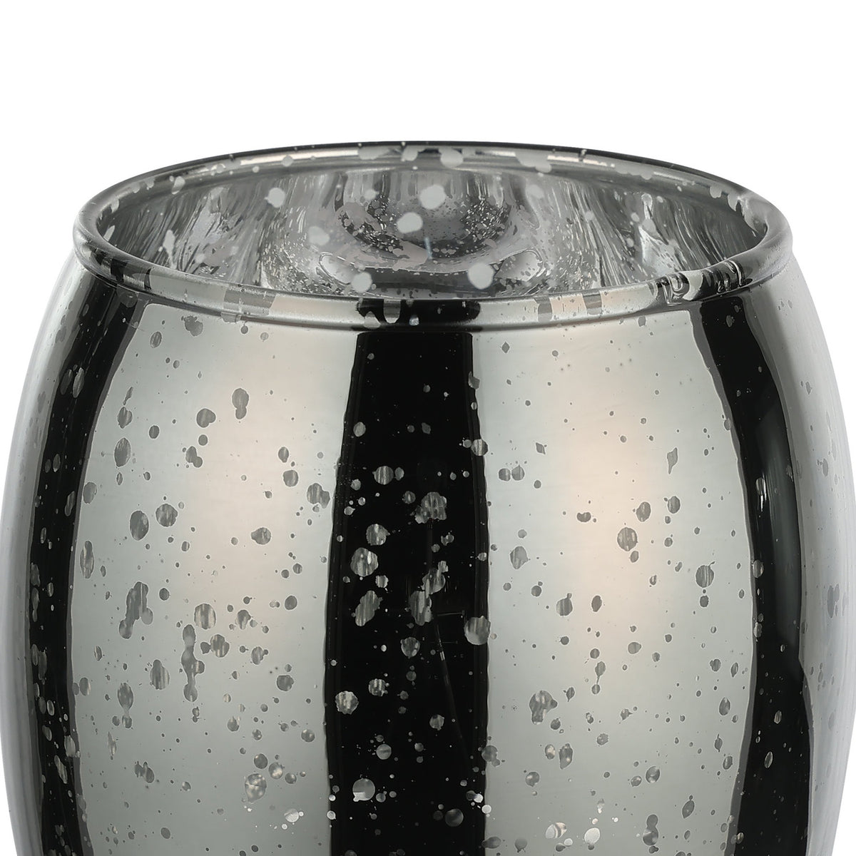 Close-up of the Bezamby glass tealight holder in grey, showing its barrel shape, wide rim, and mirrored mercury-glass finish with silver speckles.