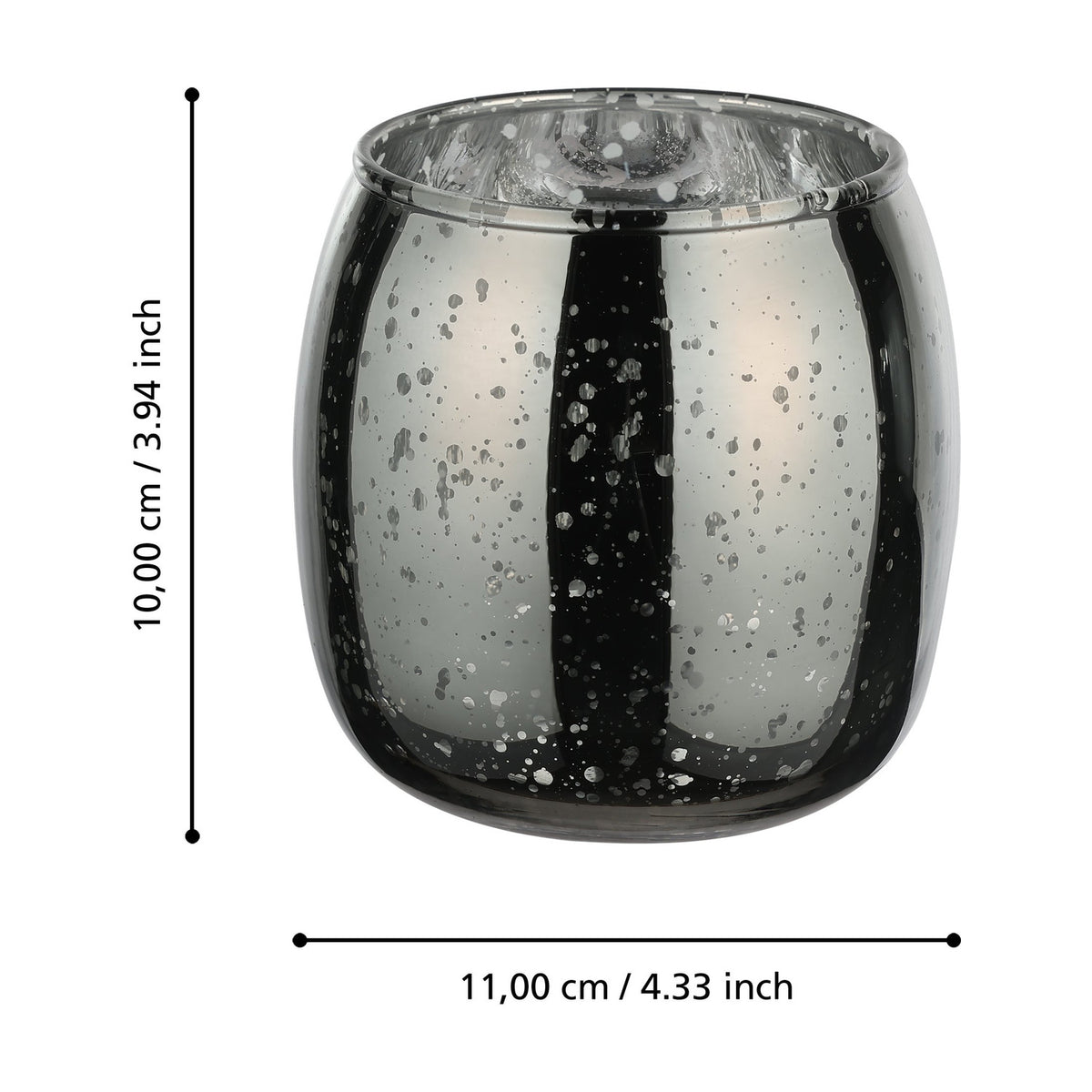 Bezamby glass tealight holder in smoky grey with a mirrored, mercury-style finish and silver speckles, rounded barrel shape, shown with dimensions 10cm height by 11cm width on a white background.
