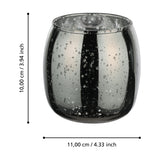 Bezamby glass tealight holder in smoky grey with a mirrored, mercury-style finish and silver speckles, rounded barrel shape, shown with dimensions 10cm height by 11cm width on a white background.