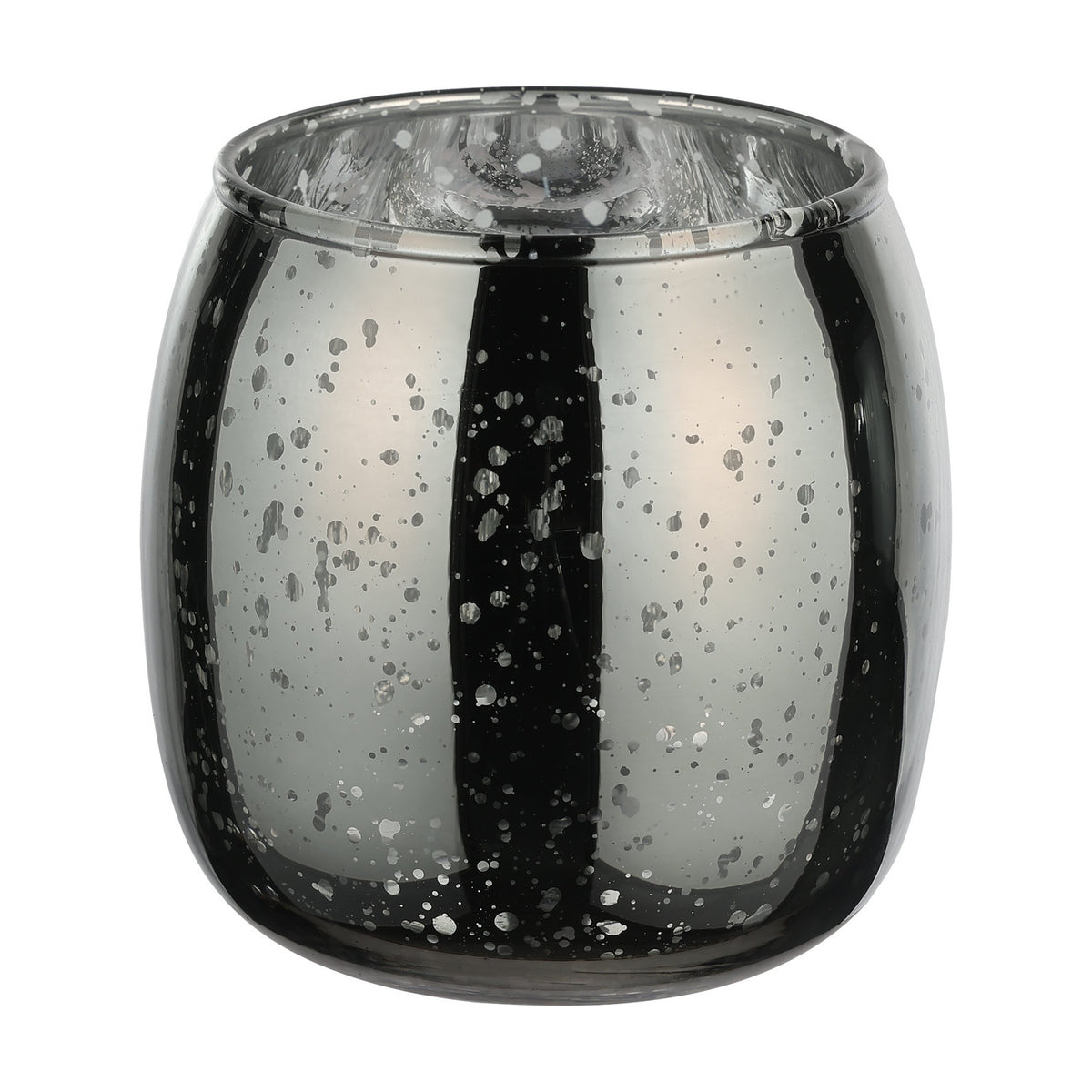Bezamby glass tealight holder in grey, barrel-shaped with a mirrored mercury-glass finish and fine silver speckles, shown on a plain white background.