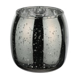 Bezamby glass tealight holder in grey, barrel-shaped with a mirrored mercury-glass finish and fine silver speckles, shown on a plain white background.