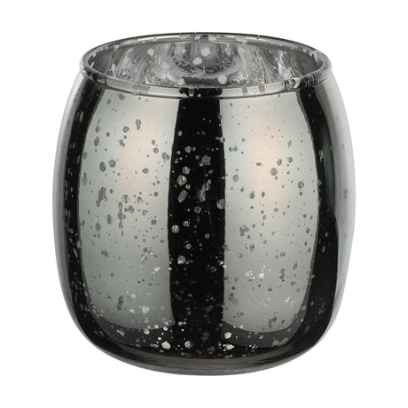 Bezamby glass tealight holder in grey, barrel-shaped with a mirrored mercury-glass finish and fine silver speckles, shown on a plain white background.
