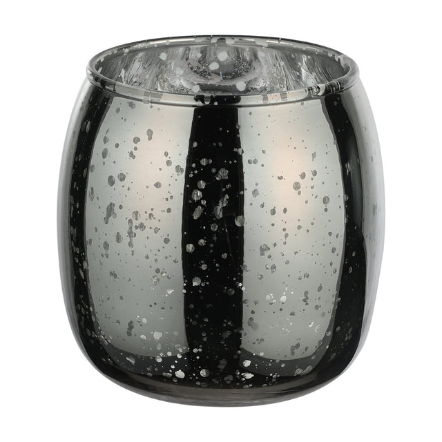 Bezamby glass tealight holder in grey, barrel-shaped with a mirrored mercury-glass finish and fine silver speckles, shown on a plain white background.
