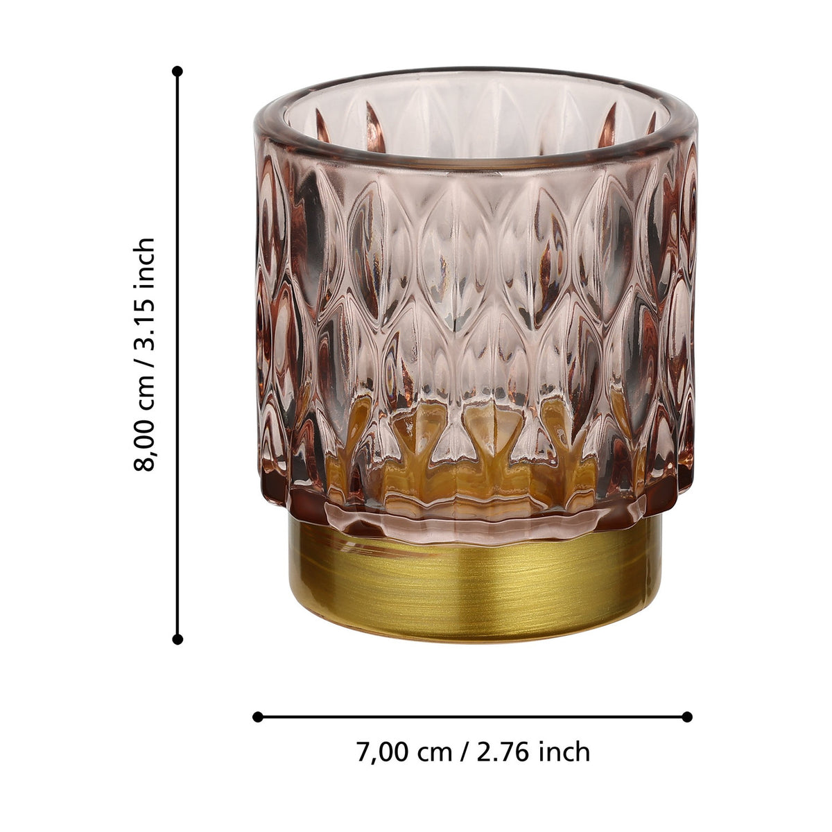 Bezamby glass tealight holder in dusky pink with faceted almond-shaped pattern and gold-coloured metal base, shown with height and width dimensions on a white background.