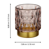 Bezamby glass tealight holder in dusky pink with faceted almond-shaped pattern and gold-coloured metal base, shown with height and width dimensions on a white background.