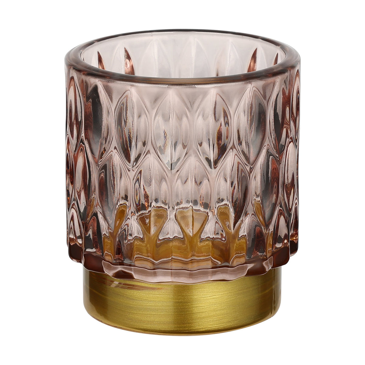 Bezamby glass tealight holder in dusky pink with raised almond-shaped facets and a gold-coloured metal base, shown on a plain white background.