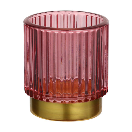 Bezamby red fluted glass tealight holder with vertical ribs, set on a gold-coloured cylindrical metal base, shown on a plain white background.