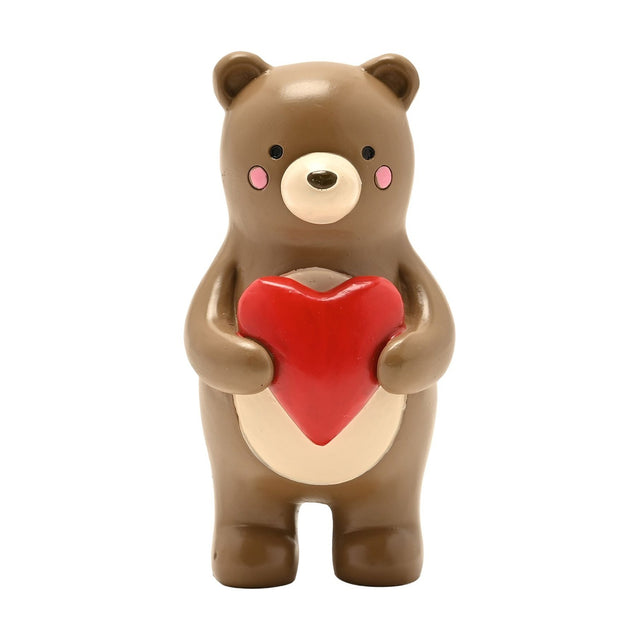 Bear Hugs Standing Resin Decoration, 8cm brown bear figurine holding a glossy red heart, with cream muzzle and belly, rosy cheeks, on a plain white background.