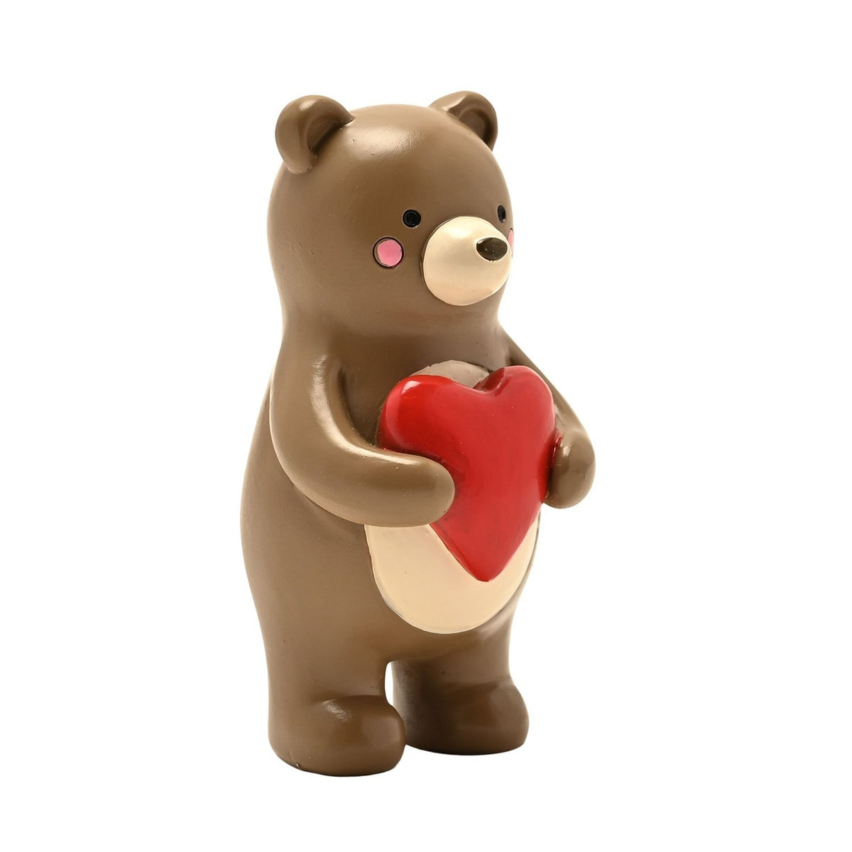 Bear Hugs Standing Resin Decoration, 8cm, a brown bear figure with cream muzzle and belly, pink cheeks, and rounded ears, holding a glossy red heart, on a plain white background.