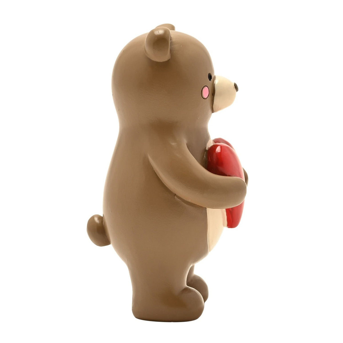 Bear Hugs Standing Resin Decoration with Heart 8cm in Brown, side view showing a standing bear with cream muzzle, rounded ears and tail, holding a glossy red heart, on a plain white background.