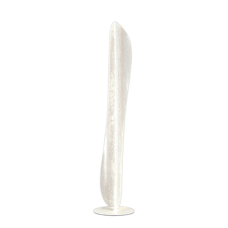The Bianca LED Floor Lamp 30W 3000K - White features a tall, slender, translucent design with an organic, leaf-like shape. Standing on a round base, it emits a soft white glow for a modern touch in any space.