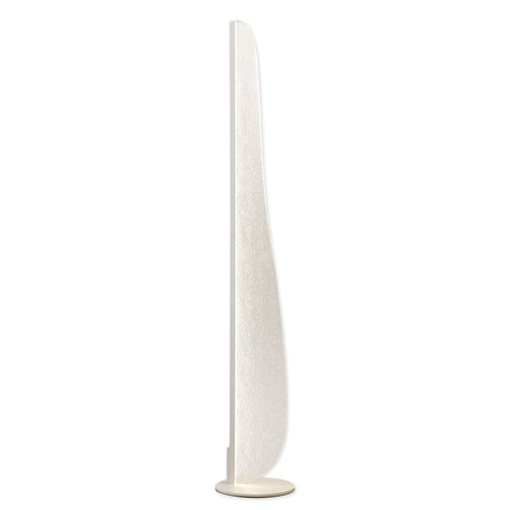The Bianca Small LED Floor Lamp 20W 3000K - White features a tall, slim, modern silhouette with a textured white shade and curved design on a round base. Shown in profile against a white background, this lamp is dimmable.