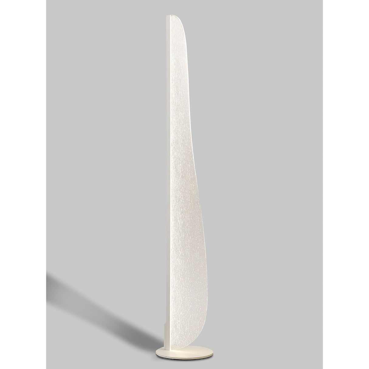 The Bianca Small LED Floor Lamp 20W 3000K in white stands tall and slender on a round base against a light gray background, casting a faint shadow to the left.