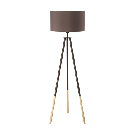 Bidford Floor Lamp in brown with a tripod base of slim steel legs ending in natural wood feet, topped by a mocha fabric drum shade, shown on a plain white background.