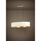 Birbenne 2 Light Pendant in brushed brass, with a long oval pleated white velvet shade lined in gold, suspended on two black cords from a slim ceiling bar.