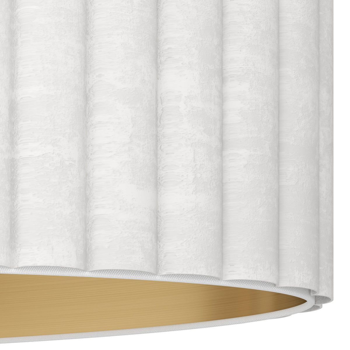 Close-up of the Birbenne 2 Light Pendant's oval shade, showing white velvet with vertical pleats and a brushed brass interior lining.