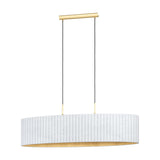 Birbenne 2-Light Pendant in brushed brass with an oval white velvet pleated shade, gold-lined interior, hung on black cords from a slim brass ceiling bar.