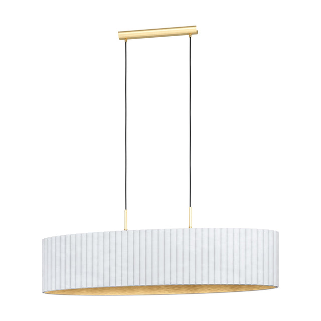 Birbenne 2-Light Pendant in brushed brass with an oval white velvet pleated shade, gold-lined interior, hung on black cords from a slim brass ceiling bar.