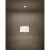 Birbenne Pendant Light in brushed brass with a pleated white velvet drum shade and gold interior, hung on a black cord from a round ceiling canopy against a plain brown background.