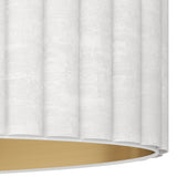 Close-up of the Birbenne Pendant Light showing its fluted white velvet drum shade with brushed brass interior lining, against a plain white background.